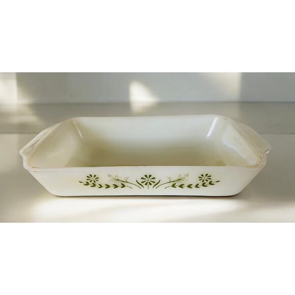 VINTAGE 70s Glasbake Green Floral Flower Print 1 QT Casserole Milk Glass Dish - Picture 1 of 6